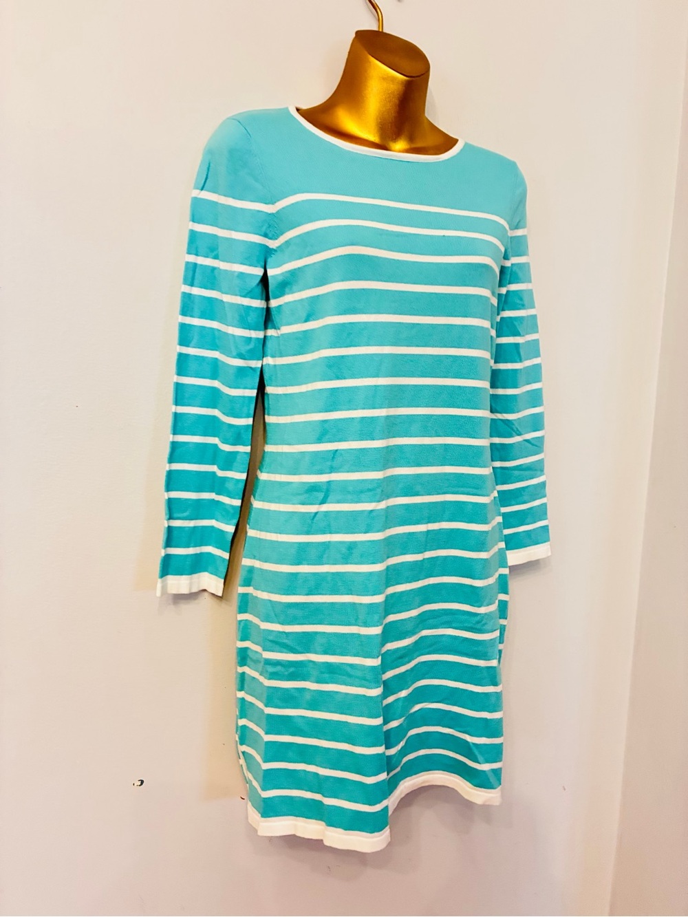 Sail to Sable Aqua White Stripe Knit Sweater Dress Small NWT Coastal Preppy - Picture 3 of 6